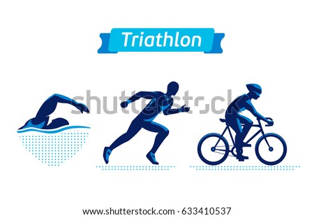 Triathlon logos or badges set. Vector figures triathletes on a white background. Swimming, cycling and running man. Flat silhouettes.