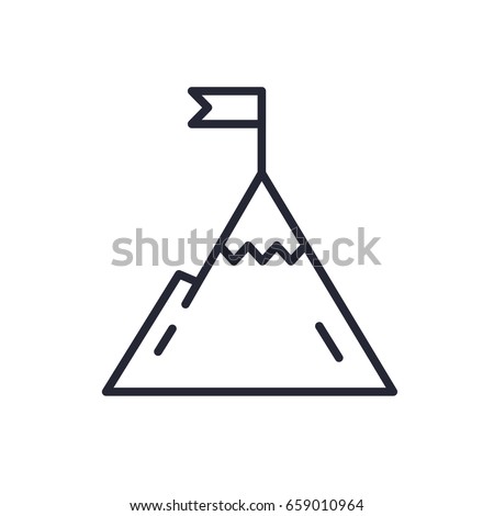 Mountain with flag on a peak. Leadership illustration. Success icon. Line design