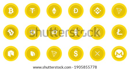 Set Crypto Vector Icon Illustration. Collection of Crypto currency blockchain flat logo isolated on white