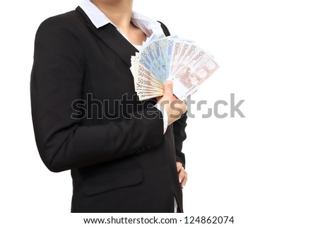 Banker in black business suit holding Euro bills