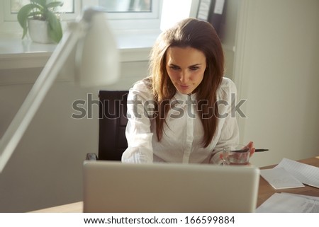 Young businesswoman working on laptop computer. Beautiful caucasian female executive sitting at desk in her home office.