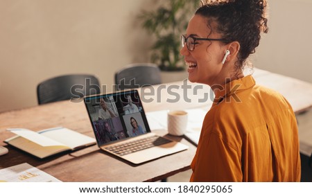 Similar – Image, Stock Photo Young woman having video call, talking remotely, taking selfie photo