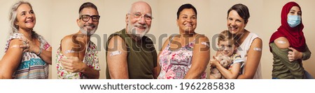 Collage of portraits of an ethnically diverse and mixed age group of people showing their shoulders with band-aids on after getting a vaccine.