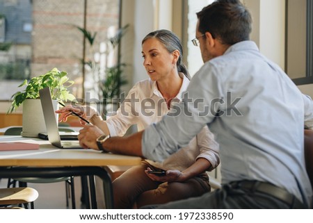 Woman and man working on project at office desk. Coworkers using laptop and discussing work in office. Photo stock © 