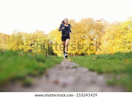 Fit young woman jogging in a park on a summer day. Healthy female athlete exercise running in park - Outdoors