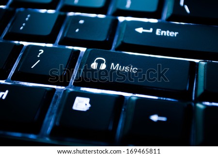 image of a backlit keyboard with music written on a key