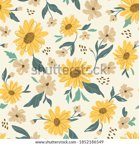 Sunflower seamless pattern. Yellow daisy on off white background. Perfect ornament for fashion fabric or other printable covers.