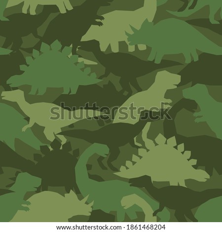 Dinosaur khaki army pattern. Camouflage seamless texture with dino in green colors. Perfect fashion print for childish fabrics and apparel.