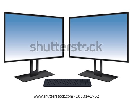 Illustration of dual display and keyboard of personal computer. PC monitor.