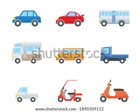 12 cute car and scooter icon illustration set. Passenger cars, buses, trucks, scooters, campers