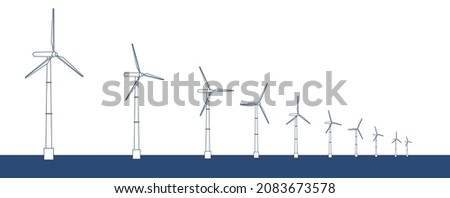 SDGs, Image of Sustainable Development Goals. Landscape illustration of a clean wind power generator tower. Decarbonization efforts.Wind power generation over the ocean. Line drawing.