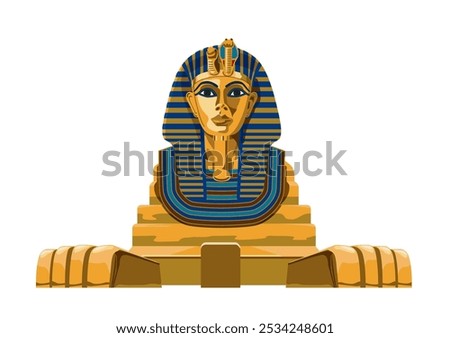 Illustration of a sphinx wearing a golden Tutankhamun mask, white background, vector data