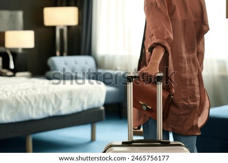 Image, Stock Photo Unrecognizable traveling woman in forest