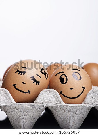 Similar – Image, Stock Photo Breakfast Smiley, A shared bread on the plate. With ketchup a smiley face. On the right a fork on a wooden table.