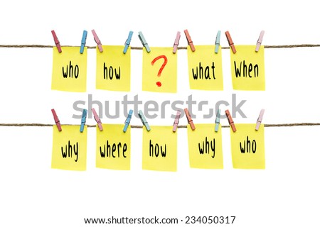 Sticky notes with questions like who, what, when, where, how and why, and a question mark over isolated white background