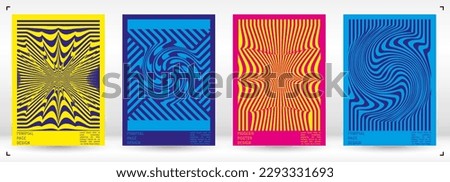 Abstract Poster Design with Optical Illusion Effect. Minimal Psychedelic Cover Page Collection. Neon Wave Lines Background. Fluid Stripes Art. Swiss Design. Vector Illustration for Brochure.