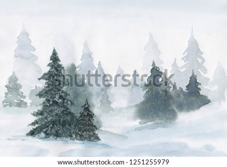 watercolor hand drawn landscape with winter spruce forest on a snowy christmas day