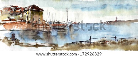 Port on the Mediterranean Sea, watercolor illustrations background
