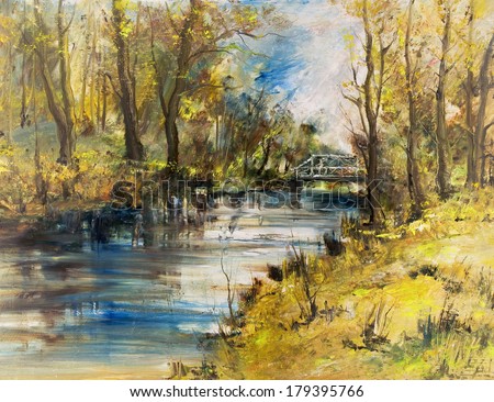 White Bridge Over The River, Oil Painting Art Background Stock Photo ...