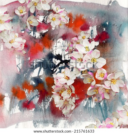Flowers of apple tree, abstract painting and mixed media art background