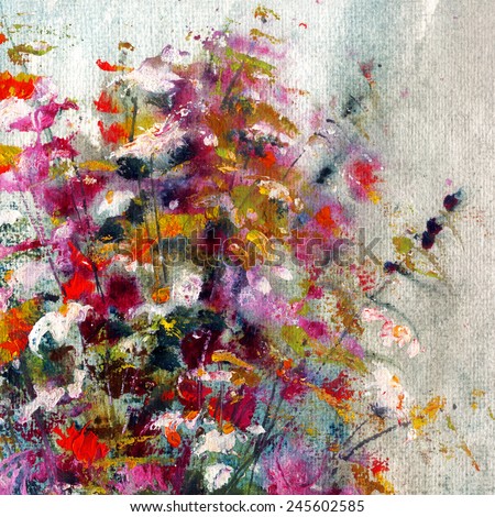 White, pink and red flowers, art painting on handmade paper, abstract background