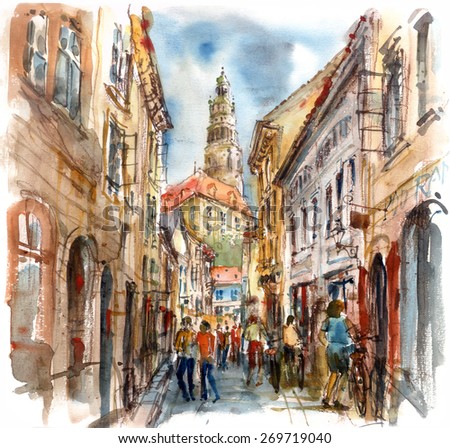 Street in the old town overlooking the castle and tower, watercolor illustration
