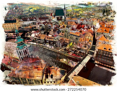 The historic city overlooking the river, painting and mixed media