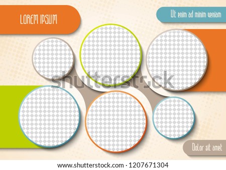 Template for photo collage or infographic in modern style. Frames for clipping masks is in the vector file. Template for a photo album with circle shapes frames