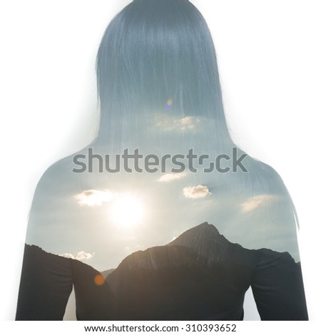 double exposure, a woman with long hair and mountain landscape with bright sun Isolated on white background.
