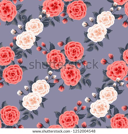 Floral pattern with one stroke painting imitation. Seamless print with flowers of coral roses. Vintage old style background. For textile, wallpaper, covers, surface, print, wrap. Trendy color.