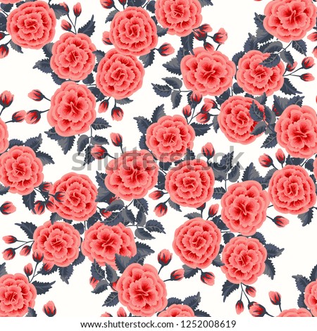 Floral pattern with one stroke painting imitation. Seamless print with flowers of coral roses. Vintage old style background. For textile, wallpaper, covers, surface, print, wrap. Trendy color.