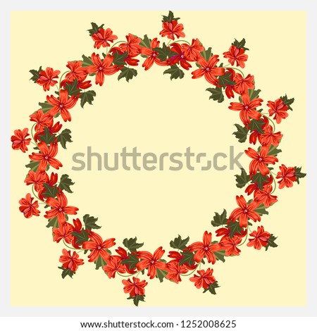Floral round frame from gallant coral mallow wild flowers. Greeting card template. Design artwork for the poster, tee shirt, pillow, home decor. Summer garden flowers wreath.