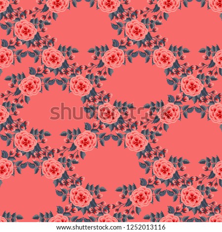 Floral pattern with one stroke painting imitation. Seamless print with flowers of coral roses. Vintage old style background. For textile, wallpaper, covers, surface, print, wrap. Trendy color.