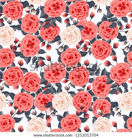 Floral pattern with one stroke painting imitation. Seamless print with flowers of coral roses. Vintage old style background. For textile, wallpaper, covers, surface, print, wrap. Trendy color.
