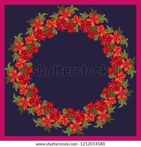 Floral round frame from gallant coral mallow wild flowers. Greeting card template. Design artwork for the poster, tee shirt, pillow, home decor. Summer garden flowers wreath.