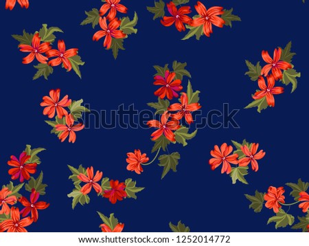 Seamless pretty pattern in small-scale cute coral mallow flowers. Millefleurs. Floral background for textile, fabric manufacturing, wallpaper, covers, surface, print,  wrap, scrapbooking, decoupage