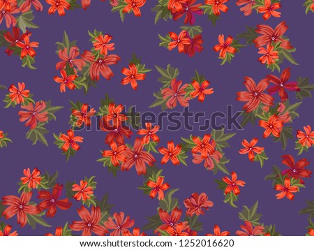 Seamless pretty pattern in small-scale cute coral mallow flowers. Millefleurs. Floral background for textile, fabric manufacturing, wallpaper, covers, surface, print,  wrap, scrapbooking, decoupage