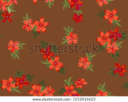 Seamless pretty pattern in small-scale cute coral mallow flowers. Millefleurs. Floral background for textile, fabric manufacturing, wallpaper, covers, surface, print,  wrap, scrapbooking, decoupage