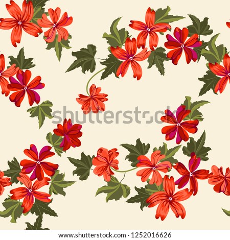 Seamless pretty pattern in small-scale cute coral mallow flowers. Millefleurs. Floral background for textile, fabric manufacturing, wallpaper, covers, surface, print,  wrap, scrapbooking, decoupage