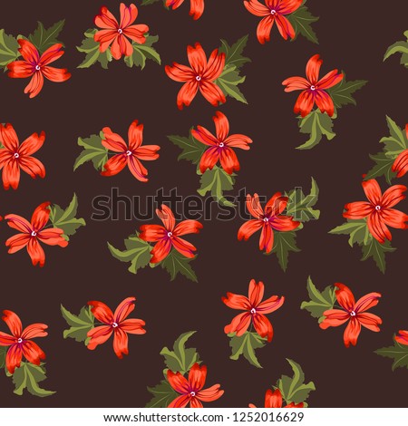 Seamless pretty pattern in small-scale cute coral mallow flowers. Millefleurs. Floral background for textile, fabric manufacturing, wallpaper, covers, surface, print,  wrap, scrapbooking, decoupage