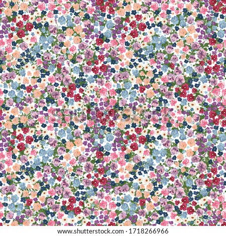 Seamless pattern in small pretty wild flowers. Cute bouquets. Liberty style millefleurs. Floral background for textile, wallpaper, pattern fills, covers, surface, print, wrap, scrapbooking, decoupage