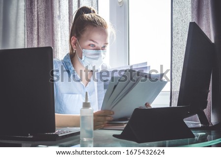 Coronavirus. Quarantine. Online training education and freelance work. Computer, laptop and girl studying remotely. Coronavirus pandemic  in the world. Closing schools