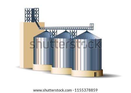 Silos of grain elevator. Metal bins for grain storage. Granary vector illustration