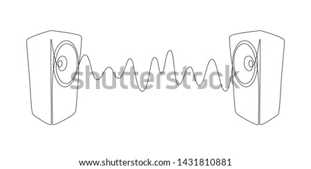 Sound wave between two music speakers in one line art drawing style. Vector illustration