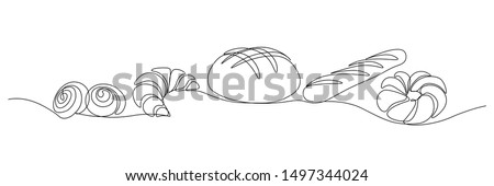 Bakery products in continuous line art drawing style. Black line sketch on white background. Vector illustration