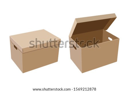 Closed and open cardboard box with slotted hand holes for storage or other purpose isolated on white background. Vector illustration