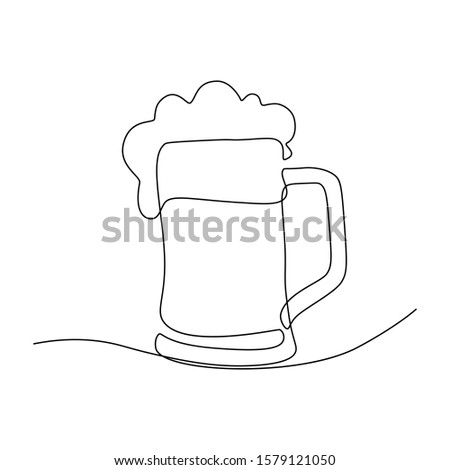 Glass mug with beer in continuous line art drawing style. Minimalist black line sketch on white background. Vector illustration