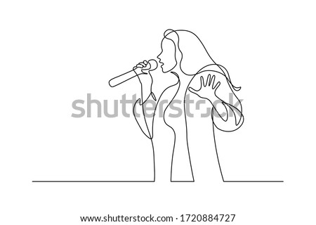 Singer in continuous line art drawing style. Young woman holding microphone and singing. Black linear sketch isolated on white background. Vector illustration