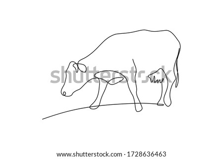Cow on pasture in continuous line art drawing style. Grazing cow minimalist black linear sketch isolated on white background. Vector illustration Foto d'archivio © 