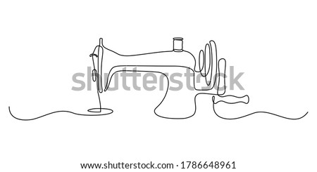 Sewing machine in continuous line art drawing style. Abstract old style sewing-machine for atelier or tailor sign design. Minimalist black linear sketch on white background. Vector illustration